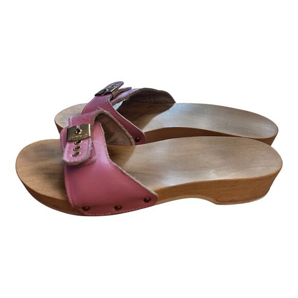 Dr. Scholls Original 10? Exercise Sandals Clogs Vintage Pink Leather Wooden Sole - Picture 1 of 15